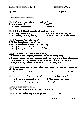 Đề kiểm tra 15 phút môn Vật lí Lớp 7 - Trường THCS Hải Nam
