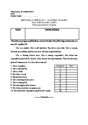 Đề kiểm tra 15 phút số 3 môn Tiếng Anh Lớp 6 - Năm học 2018-2019 - Trường THCS Hùng Cường (Có đáp án)