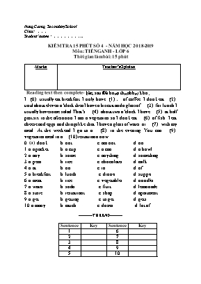 Đề kiểm tra 15 phút số 4 môn Tiếng Anh Lớp 6 - Năm học 2018-2019 - Trường THCS Hùng Cường (Có đáp án)