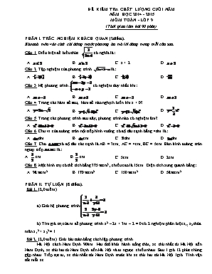 Đề kiểm tra chất lượng cuối năm môn Toán Lớp 9 - Năm học 2014-2015 (Có hướng dẫn chấm)