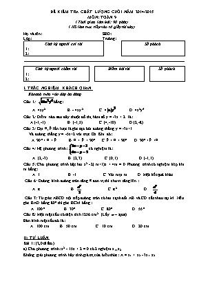 Đề kiểm tra cuối năm môn Toán Khối 9 - Năm học 2014-2015