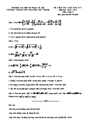 Đề kiểm tra giữa học kì I môn Toán Lớp 9 - Năm học 2010-2011 - Trường THCS và THPT Nguyễn Tất Thành
