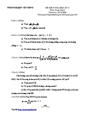Đề kiểm tra học kì I môn Toán Lớp 9 - Năm học 2019-2020 - Phòng giáo dục và đào tạo Yên Dũng (Có đáp án)