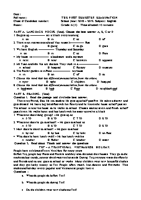 Đề kiểm tra học kỳ 1 môn Tiếng Anh Lớp 6 - Năm học 2018-2019