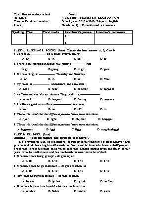 Đề kiểm tra học kỳ I môn Tiếng Anh Lớp 6 - Năm học 2018-2019 - Trường THCS Châu Hòa