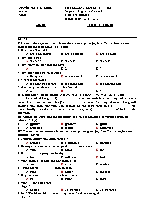 Đề kiểm tra học kỳ II môn Tiếng Anh Lớp 7 - Mã đề 135 - Năm học 2018-2019 - Trường THCS Nguyễn Văn Trỗi