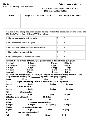 Đề kiểm tra lần 3 môn Tiếng Anh Lớp 6 - Trường THCS Chu Phan