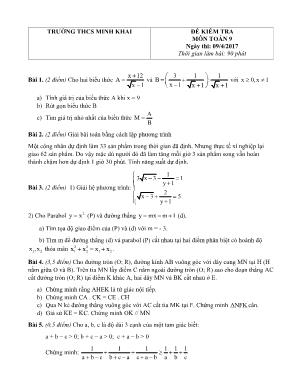 Đề kiểm tra môn Toán Lớp 9 - Năm học 2017-2018 - Trường THCS Minh Khai (Có đáp án)