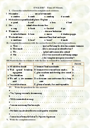 Đề kiểm tra một tiết môn Tiếng Anh Lớp 7 (Có đáp án)