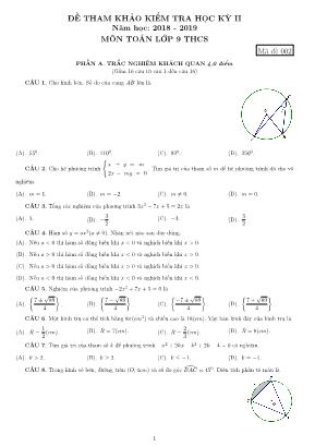 Đề tham khảo kiểm tra học kỳ II môn Toán Lớp 9 - Mã đề 02 - Năm học 2018-2019