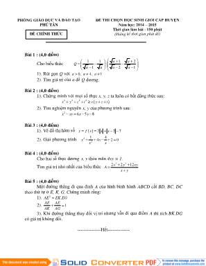 Đề thi chọn học sinh giỏi cấp huyện môn Toán Lớp 9 - Năm học 2014-2015 - Phòng giáo dục và đào tạo Phú Tân