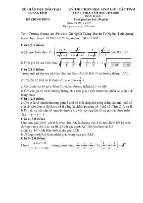 Đề thi chọn học sinh giỏi cấp tỉnh môn Toán Lớp 9 - Năm học 2019-2020 - Sở giáo dục và đào tạo Quảng Bình