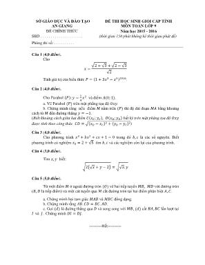 Đề thi chọn học sinh giỏi cấp tỉnh môn Toán Lớp 9 - Năm học 2015-2016 - Sở giáo dục và đào tạo tỉnh An Giang (Có đáp án)