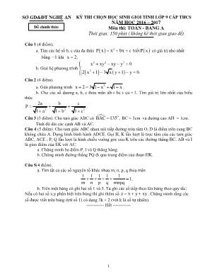 Đề thi chọn học sinh giỏi tỉnh môn Toán Lớp 9 - Bảng A - Năm học 2014-2015 - Sở giáo dục và đào tạo Nghệ An (Có đáp án)