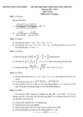 Đề thi chọn học sinh giỏi vòng trường môn Toán Lớp 9 - Năm học 2013-2014 - Trường THCS Long Kiên (Có đáp án)