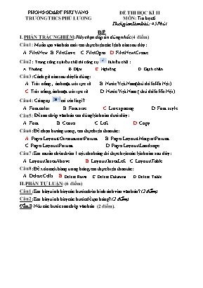 Đề thi học kỳ II môn Tin học Lớp 6 - Trường THCS Phú Lương (Có đáp án)
