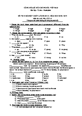 Đề thi khảo sát chất lượng học kỳ II môn Tiếng Anh Lớp 6 - Năm học 2018-2019 (Có đáp án)