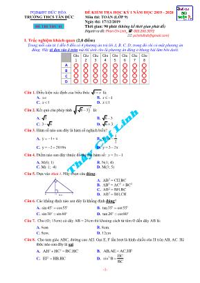 Đề thi thử học kì I môn Toán Lớp 9 - Đề 01 - Năm học 2019-2020 - Trường THCS Tân Đức