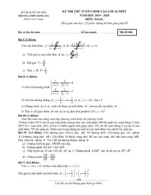 Đề thi thử tuyển sinh vào Lớp 10 THPT môn Toán - Mã đề 006 - Năm học 2019-2020 - Trường THPT Hồng Hà