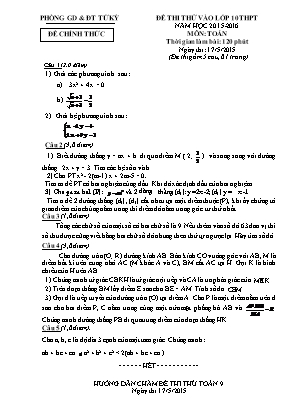 Đề thi thử tuyển sinh vào Lớp 10 THPT môn Toán - Năm học 2015-2016 - Phòng giáo dục và đào tạo Tứ Kì (Có đáp án)