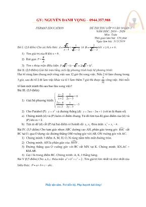 Đề thi thử vào Lớp 10 môn Toán - Lần 1 - Năm học 2019-2020 - Nguyễn Danh Vọng (Có đáp án)