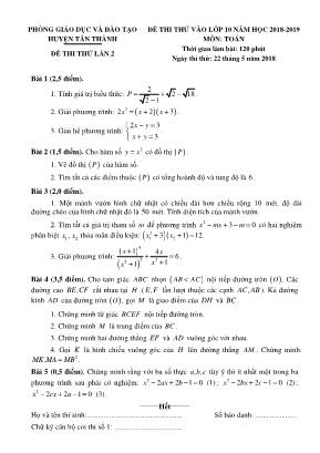 Đề thi thử vào Lớp 10 môn Toán lần 2 - Năm học 2018-2019 - Phòng giáo dục và đào tạo huyện Tân Thành (Có đáp án)
