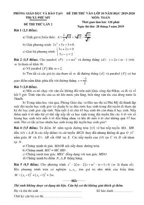 Đề thi thử vào Lớp 10 môn Toán lần 2 - Năm học 2019-2020 - Phòng giáo dục và đào tạo Thị xã Phú Mỹ (Có đáp án)