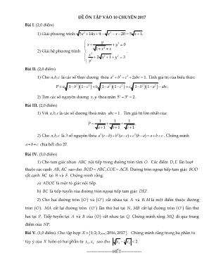 Đề thi thử vào Lớp 10 THPT chuyên Toán của TP. Hà Nội năm 2017