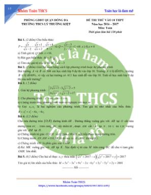 Đề thi thử vào Lớp 10 THPT môn Toán - Năm học 2016-2017 - Trường THCS Lý Thường Kiệt (Có đáp án)