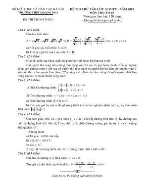 Đề thi thử vào Lớp 10 THPT môn Toán - Năm học 2019-2020 - Trường THPT Hoàng Mai (Có đáp án)
