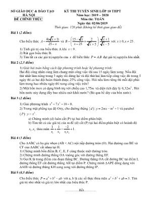 Đề thi tuyển Lớp 10 THPT môn Toán - Năm học 2019-2020 - Sở giáo dục và đào tạo Hà Nội (Có đáp án)