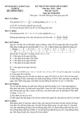 Đề thi tuyển Lớp 10 THPT môn Toán - Năm học 2019-2020 - Sở giáo dục và đào tạo TP. Hồ Chí Minh (Có đáp án)