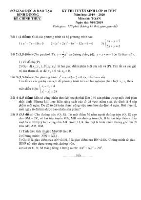 Đề thi tuyển Lớp 10 THPT môn Toán - Năm học 2019-2020 - Sở giáo dục và đào tạo Bình Dương (Có đáp án)