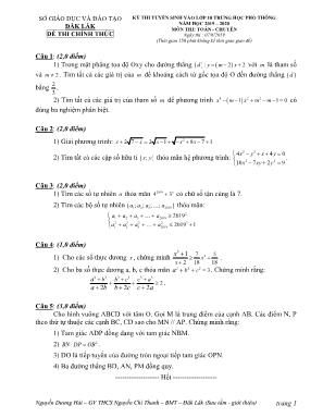 Đề thi tuyển sinh Lớp 10 THPT môn Toán (Chuyên) - Năm học 2019-2020 - Sở giáo dục và đào tạo Đăk Lăk (Có đáp án)