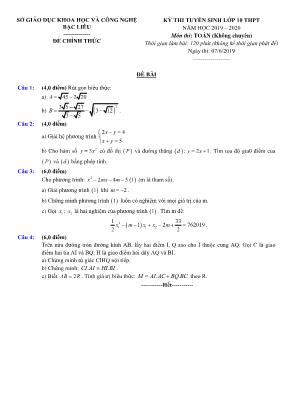 Đề thi tuyển sinh Lớp 10 THPT môn Toán (Không chuyên) - Năm học 2019-2020 - Sở giáo dục khoa học và công nghệ Bạc Liêu (Có đáp án)