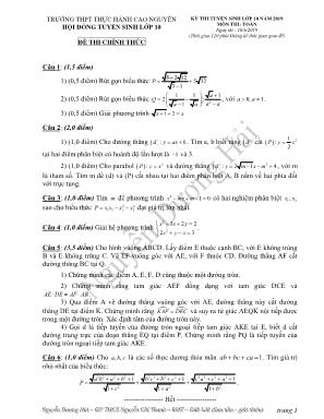 Đề thi tuyển sinh vào Lớp 10 môn Toán năm 2019 - Trường THPT Thực hành Cao nguyên (Có đáp án)