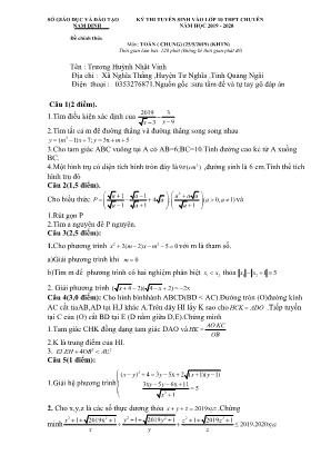 Đề thi tuyển sinh vào Lớp 10 THPT chuyên môn Toán (Chung) - Năm học 2019-2020 - Sở giáo dục và đào tạo Nam Định