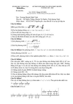 Đề thi tuyển sinh vào Lớp 10 THPT chuyên môn Toán (Chung) - Năm học 2019-2020 - Sở giáo dục và đào tạo Hưng Yên (Có đáp án)