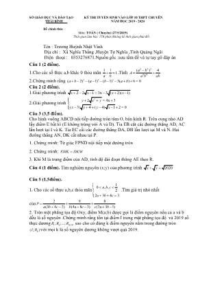 Đề thi tuyển sinh vào Lớp 10 THPT chuyên môn Toán (Chuyên) - Năm học 2019-2020 - Sở giáo dục và đào tạo Thái Bình