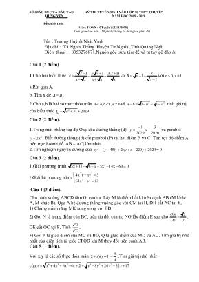 Đề thi tuyển sinh vào Lớp 10 THPT chuyên môn Toán (Chuyên) - Năm học 2019-2020 - Sở giáo dục và đào tạo Hưng Yên