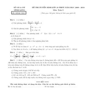 Đề thi tuyển sinh vào Lớp 10 THPT môn Toán - Năm học 2009-2010 - Sở giáo dục và đào tạo Vĩnh Long