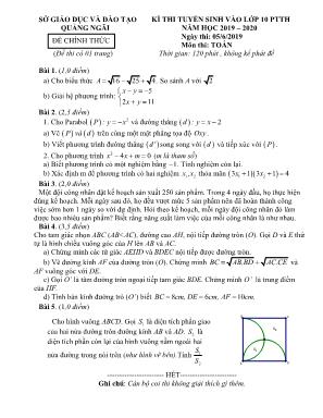 Đề thi tuyển sinh vào Lớp 10 THPT môn Toán - Năm học 2019-2020 - Sở giáo dục và đào tạo Quảng Ngãi (Có đáp án)