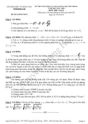 Đề thi tuyển vào Lớp 10 THPT môn Toán - Năm học 2019-2020 - Sở giáo dục và đào tạo tỉnh Đăk Lăk (Có đáp án)