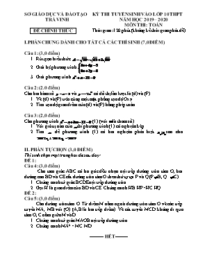 Đề thi tuyển vào Lớp 10 THPT môn Toán - Năm học 2019-2020 - Sở giáo dục và đào tạo Trà Vinh