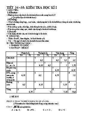 Giáo án Toán Lớp 9 -Tiết 34+35: Kiểm tra học kì I