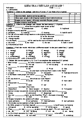 Kiểm tra 1 tiết lần 4 học kỳ II môn Tiếng Anh Lớp 7