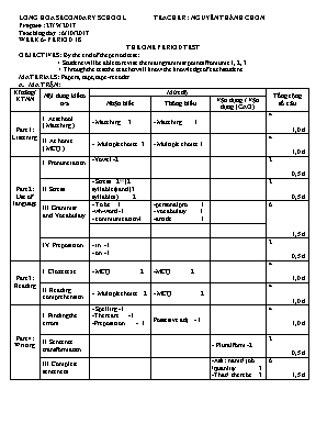 Ma trận và đề kiểm tra 1 tiết môn Tiếng Anh Lớp 6 - Tiết 18 - Năm học 2017-2018 - Nguyễn Thành Chơn (Có đáp án)