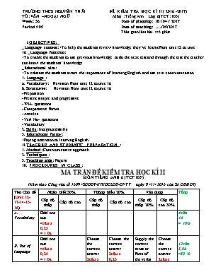 Ma trận và đề kiểm tra học kỳ II môn Tiếng Anh Lớp 6 - Năm học 2016-2017 - Trường THCS Nguyễn Trãi (Có đáp án)