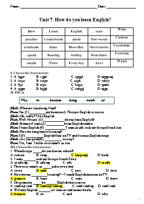 Bài tập Tiếng Anh Lớp 5 - Unit 7: How do you learn English?