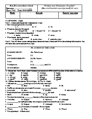 Bộ đề kiểm tra 45 phút môn Tiếng Anh Lớp 7 - Năm học 2019-2020 - Trường THCS Bảo Đại